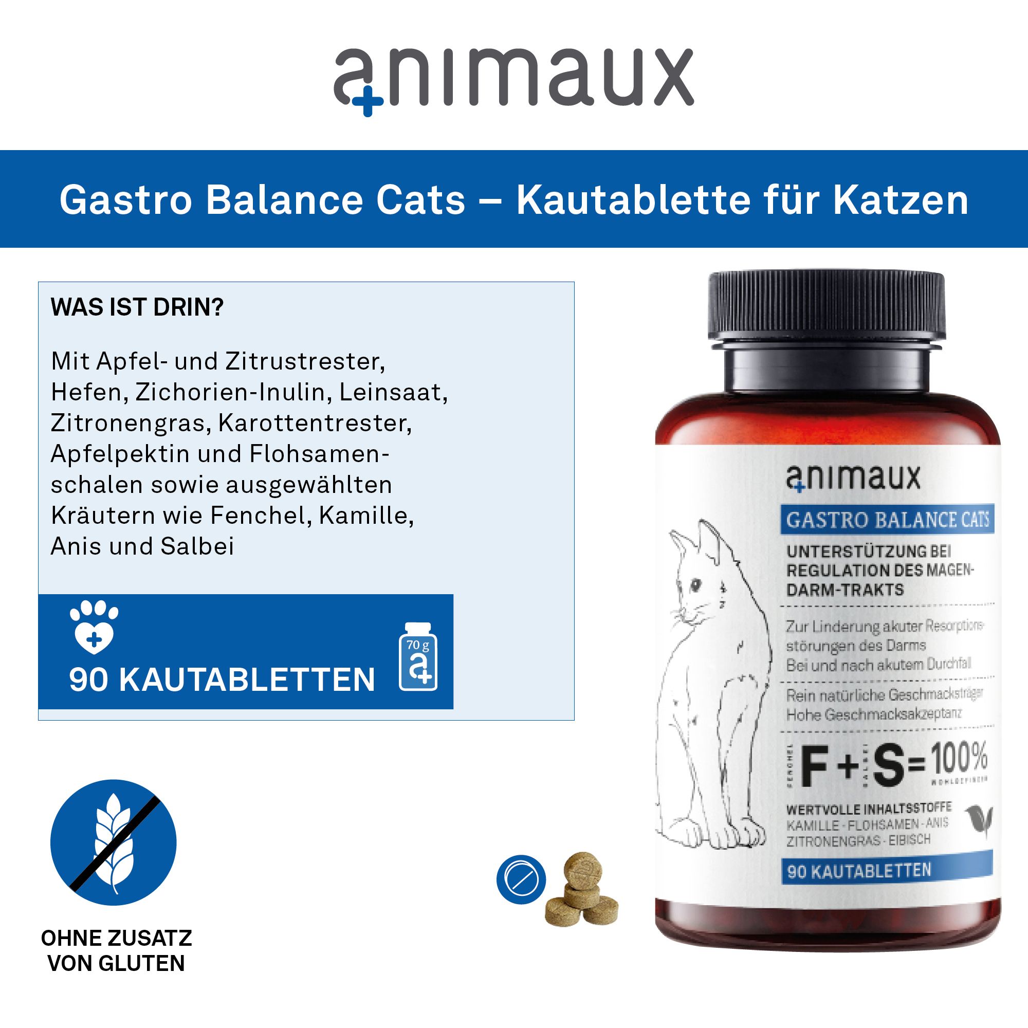 Flasche GASTRO BALANCE CATS mit detaillierter Zutatenliste und "Ohne Zusatz von Gluten" Symbol.