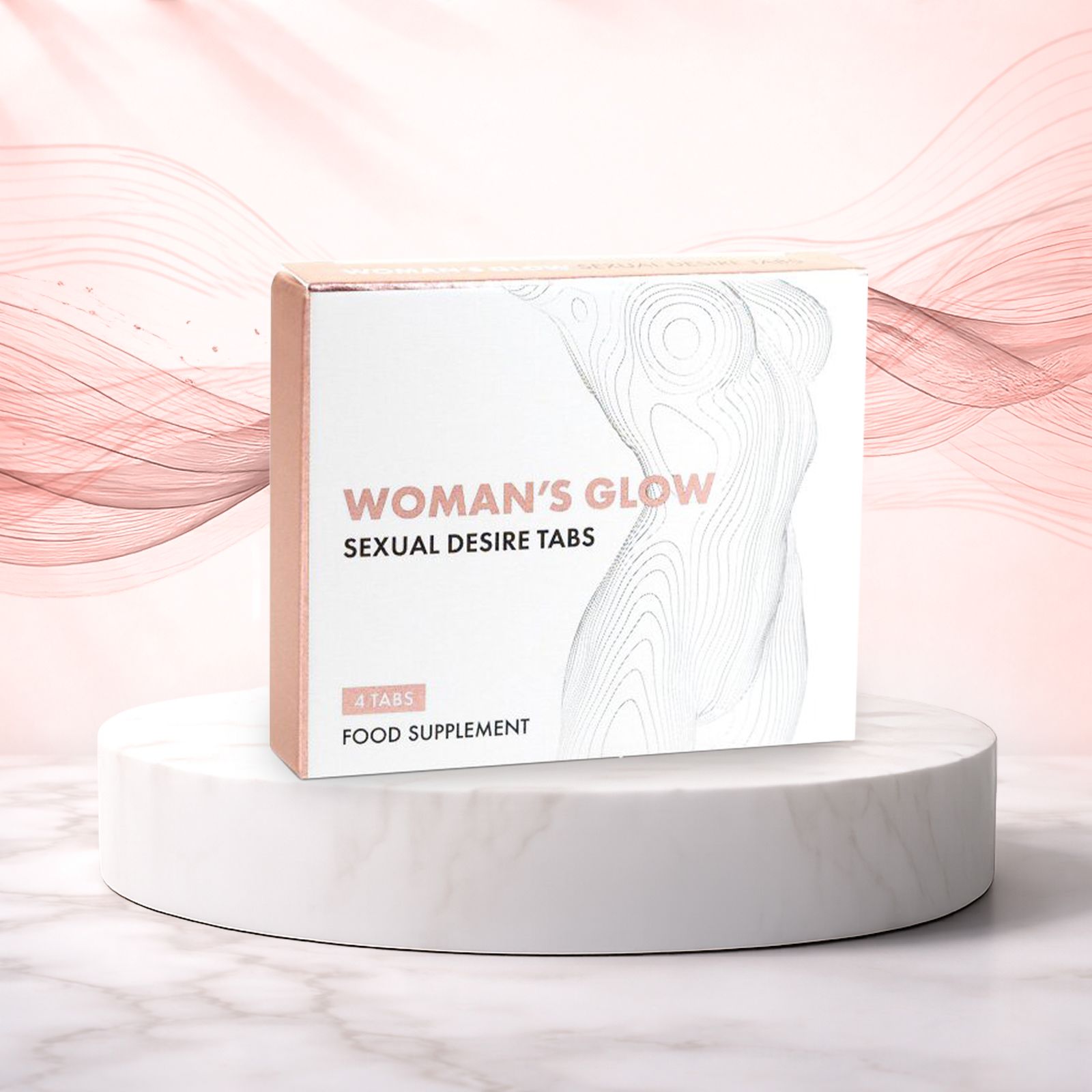 WOMAN'S GLOW-Verpackung. 4 Tabs, Food Supplement.