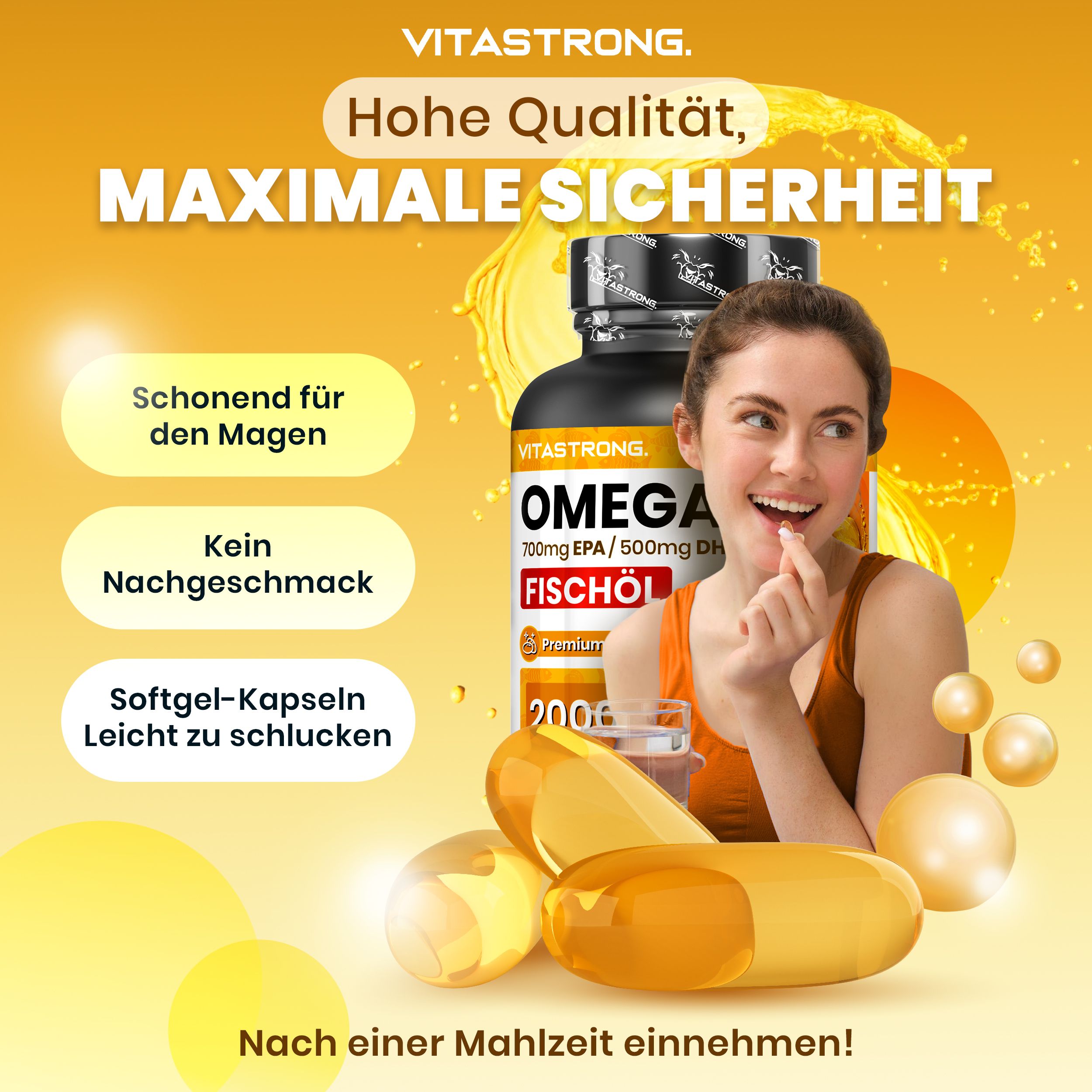 Frau mit Kapsel. Text: Vitastrong, Omega 3, 2000mg. Softgel-Kapseln. Gelbe Kapseln.
