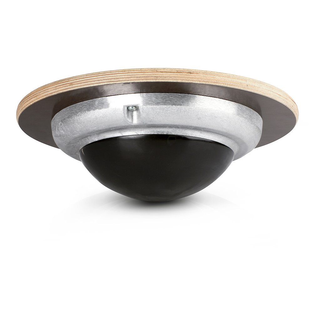 Balance-Kreisel, braune Holzplatte mit Metall- und schwarzem Kunststoff-Unterbau. Runde Form.