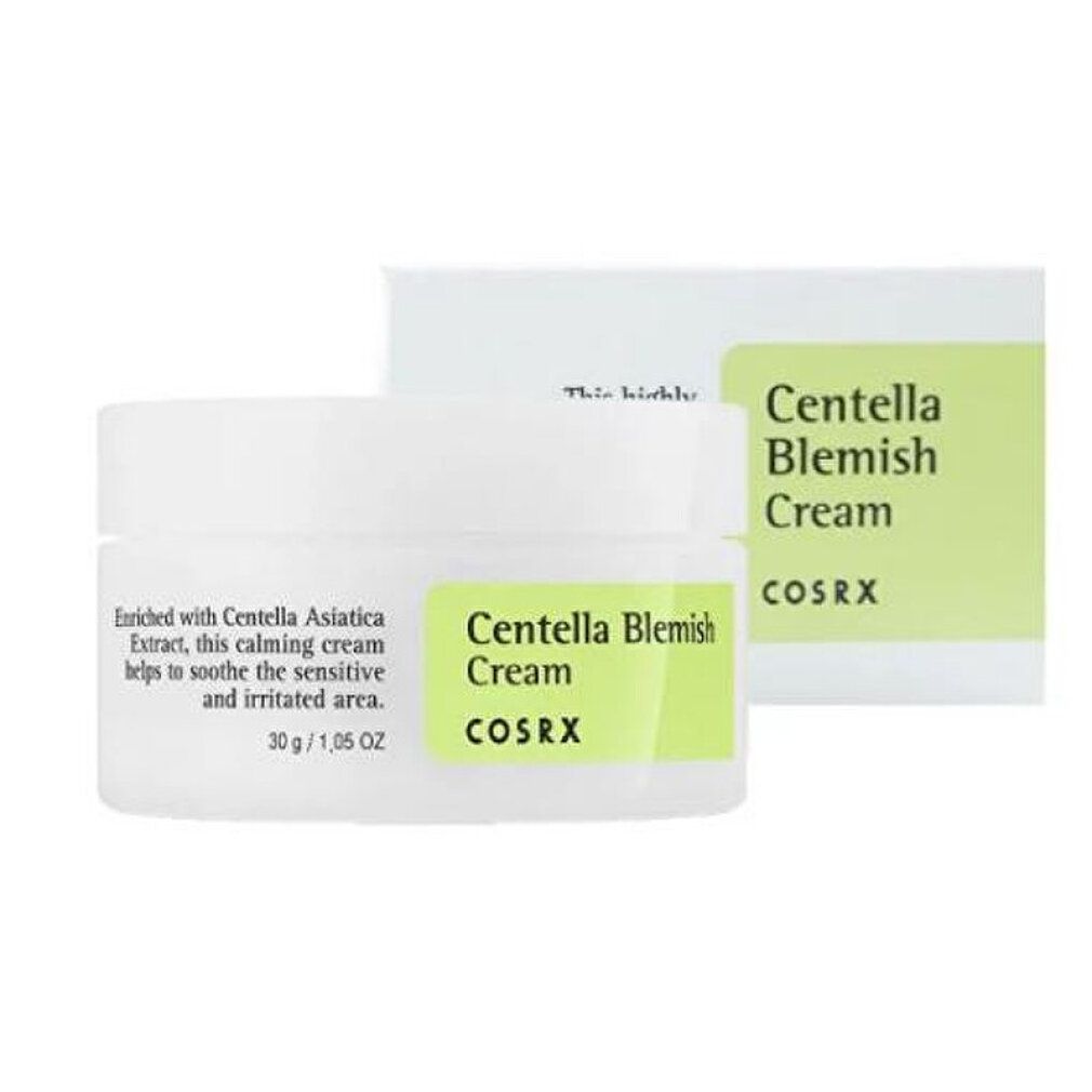 COSRX Centella Blemish Cream Tiegel, weiß mit grünem Etikett, auf weißem Grund.
