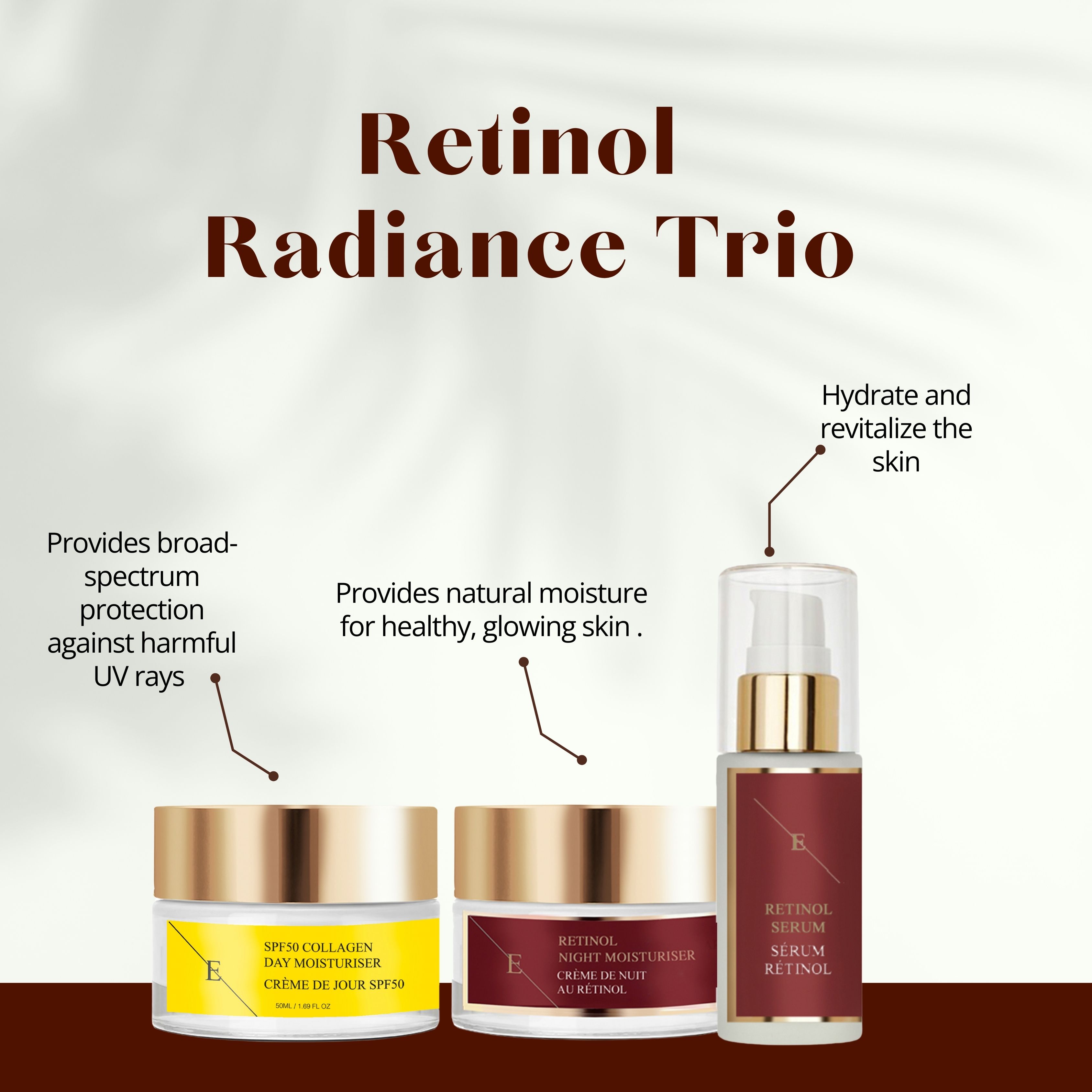 Drei Kosmetikprodukte: Tagescreme, Nachtcreme und Serum. Goldfarbene Deckel, Etiketten mit Text. Aufschrift: Retinol Serum, SPF50 Collagen Day Moisturiser.