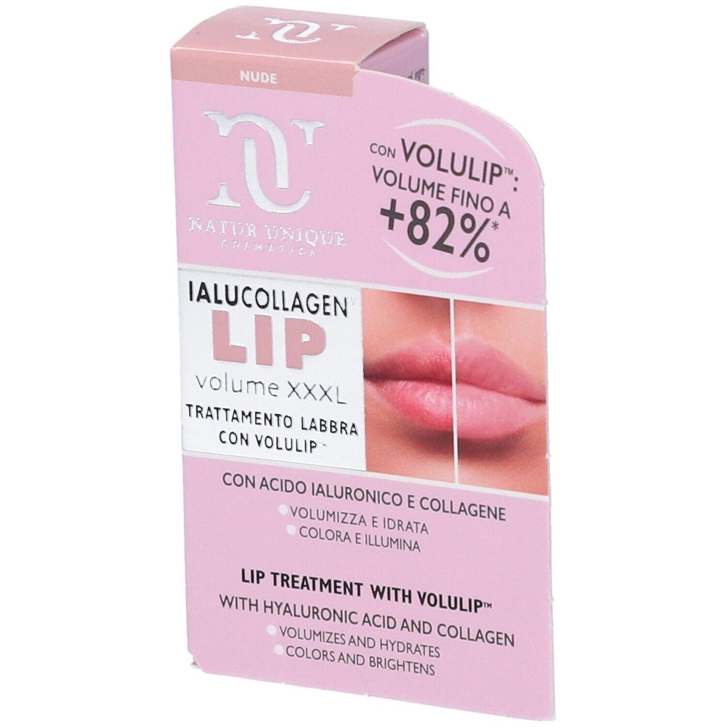 Verpackung des Lippenprodukts 'Natur Unique Lip Volume Xxxl Nude 4' mit Vorher-Nachher-Lippenbild.