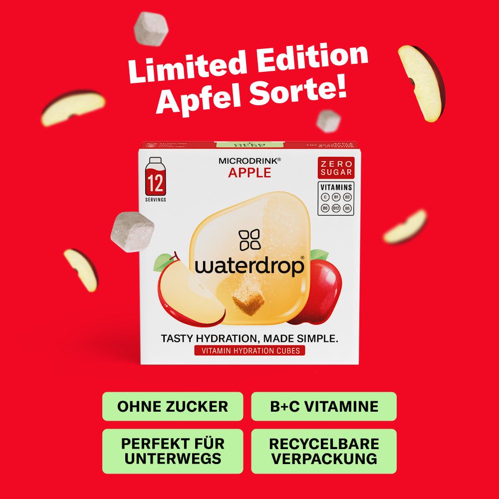 Verpackung waterdrop® Microdrink Apfel. Aufschrift: Limited Edition Apfel Sorte! Enthält 12 Portionen. Mit Vitaminen, ohne Zucker.