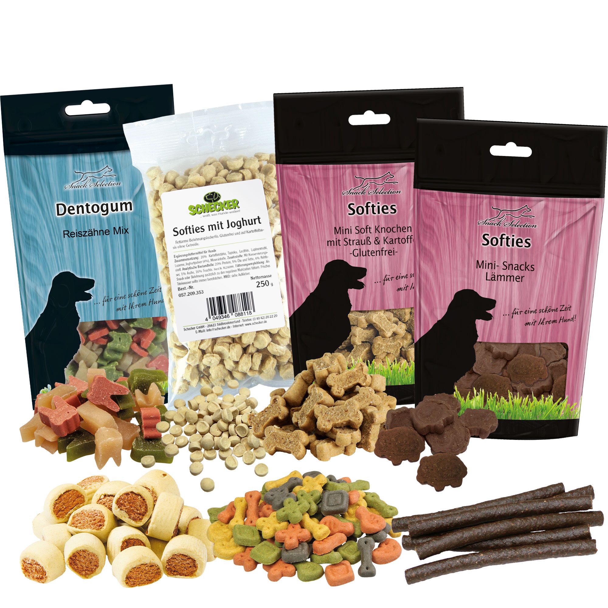 Verschiedene Hundekekse in Beuteln und lose. Beutel mit Aufschriften wie "Dentogum", "Softies mit Joghurt" und "Softies".
