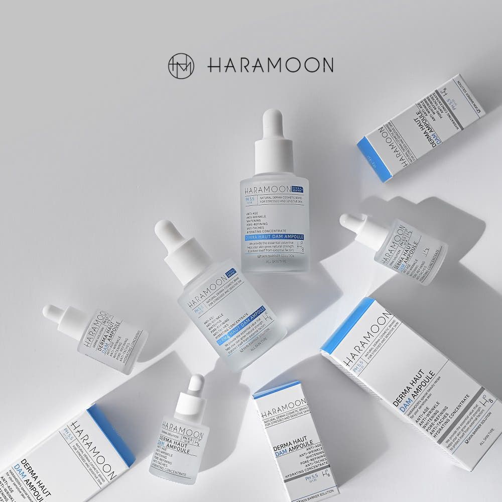 Mehrere Ampullen und Verpackungen. Text: HARAMOON Derma Haut Dam Ampulle. Mit Pipette. Für alle Hauttypen.