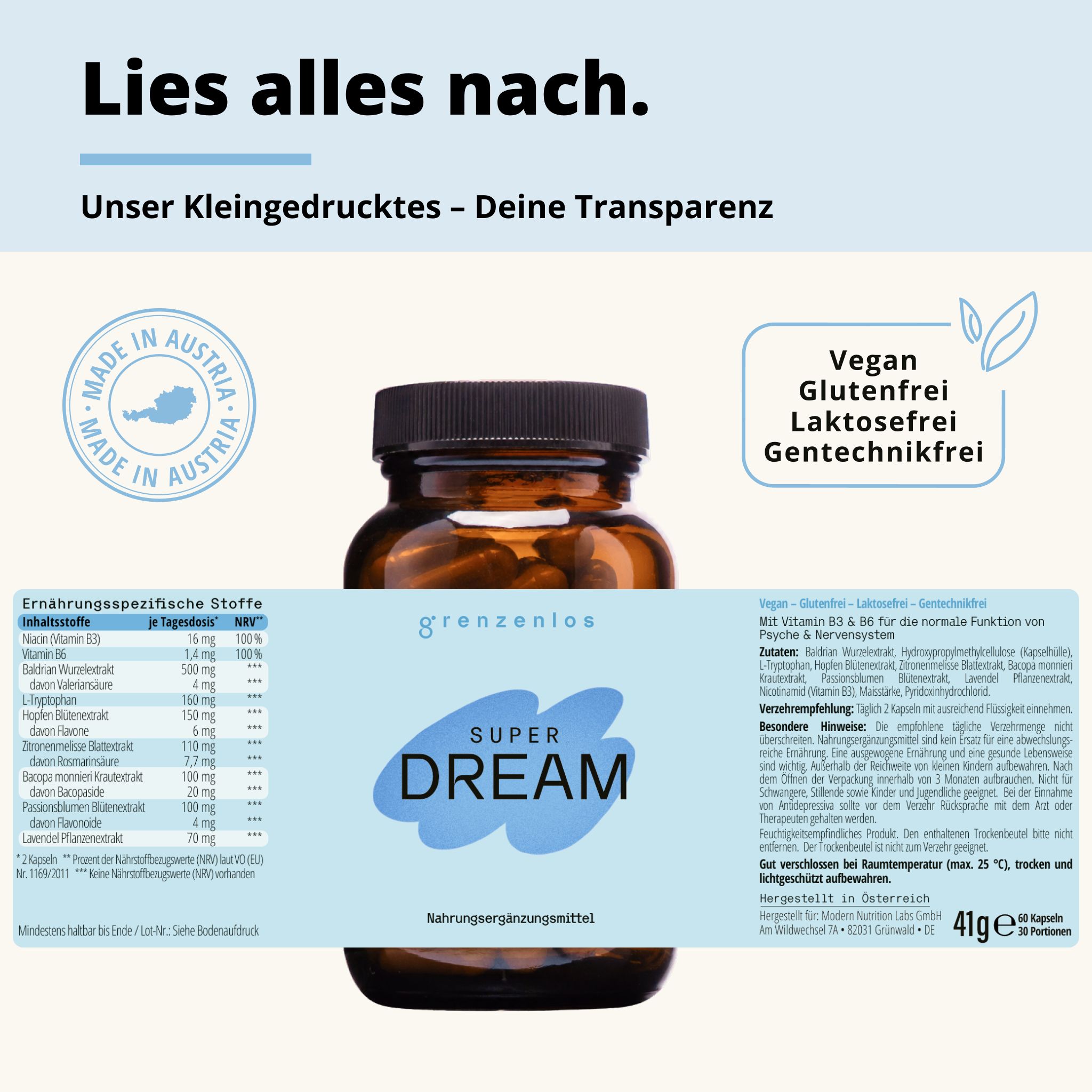 grenzenlos® SUPER DREAM 9-in-1 Schlaf Komplex | Baldrian, Lavendel & L-Tryptophan | OHNE Melatonin