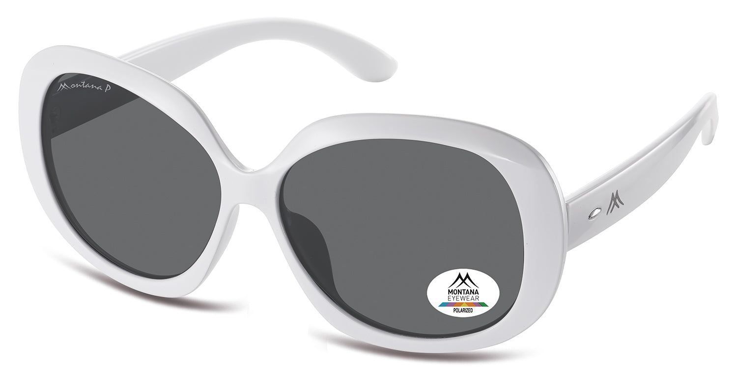 Weiße Sonnenbrille mit grauen Gläsern. Das Montana Eyewear Logo ist auf dem Bügel und ein Aufkleber 'Polarized' auf dem Glas sichtbar.