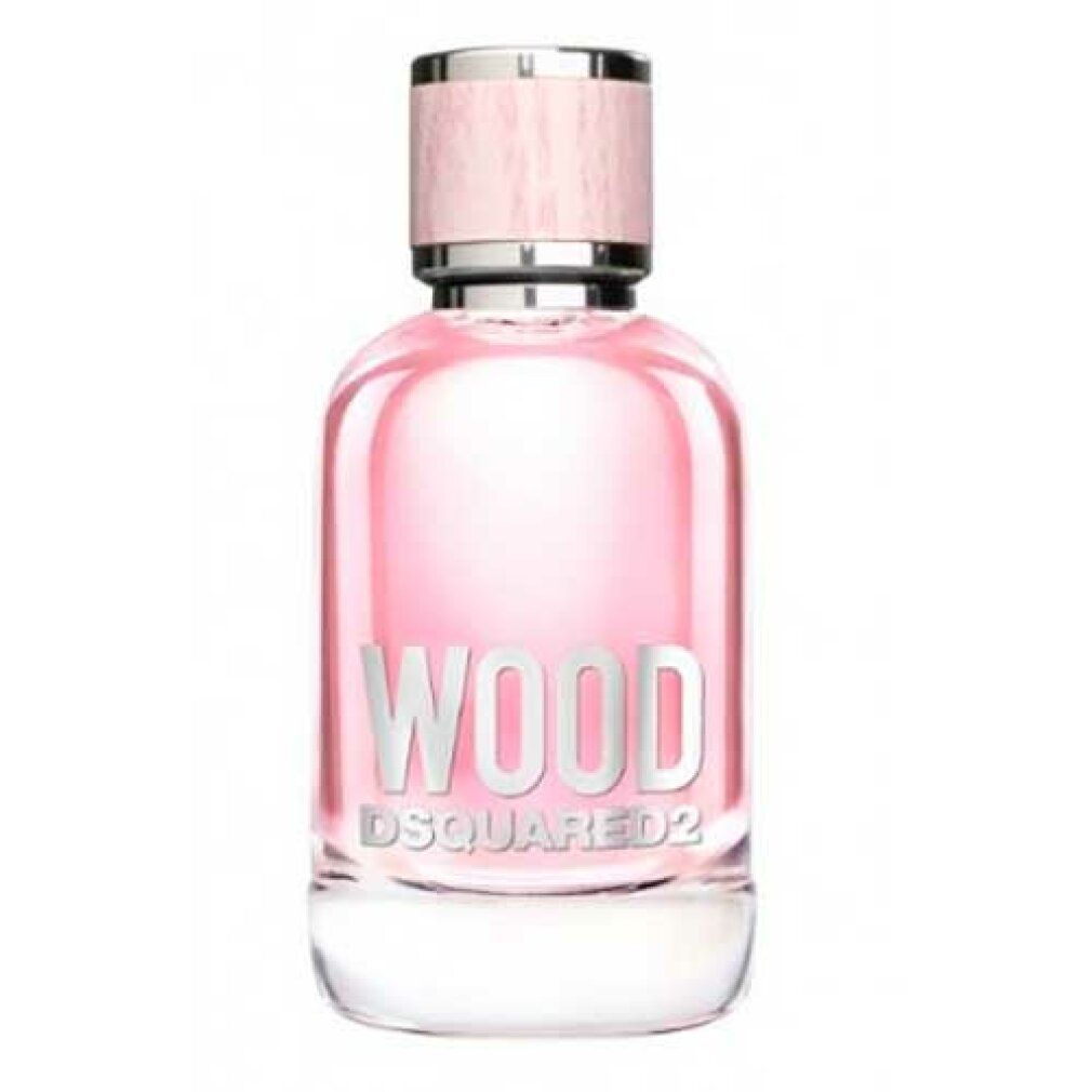 Dsquared² Wood Pour Femme Eau de Toilette Flakon mit rosa Flüssigkeit und Holz-Akzenten.