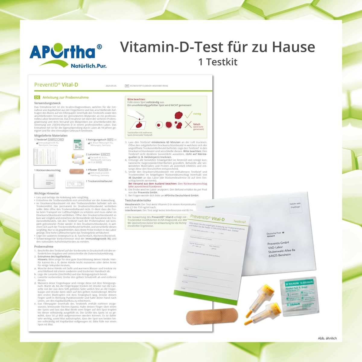 Inhaltsübersicht des Vitamin-D-Test-Kits. Enthält Anleitung, Testmaterialien, Briefumschlag, Tupfer, Lanzetten, Pflaster, Röhrchen.