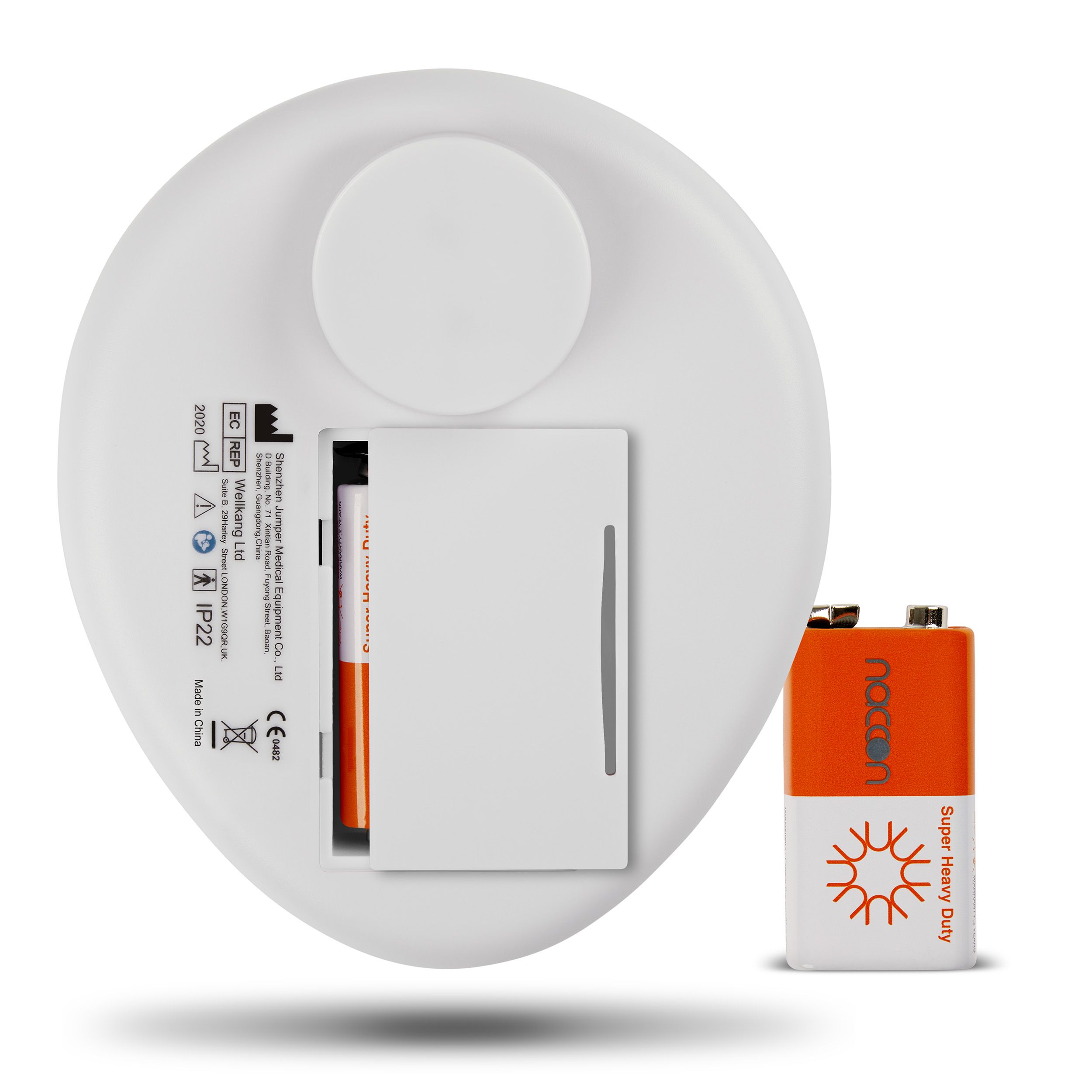 Rückseite des Fetal-Dopplers mit Batteriefach und Batterie.