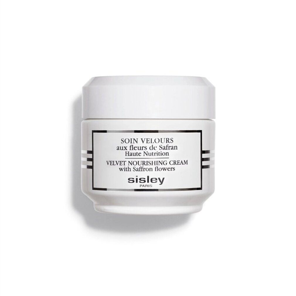 Weißer Tiegel mit silbernen Streifen. Aufschrift: SOIN VELOURS aux fleurs de Safran, Haute Nutrition, VELVET NOURISHING CREAM with Saffron flowers, Sisley Paris.