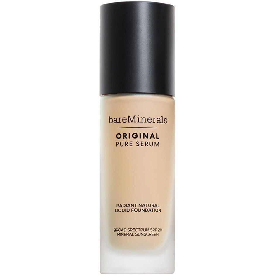 Flüssige Grundierung in Glasflasche mit schwarzem Deckel. Beschriftung: bareMinerals ORIGINAL PURE SERUM. Radiant Natural Liquid Foundation.