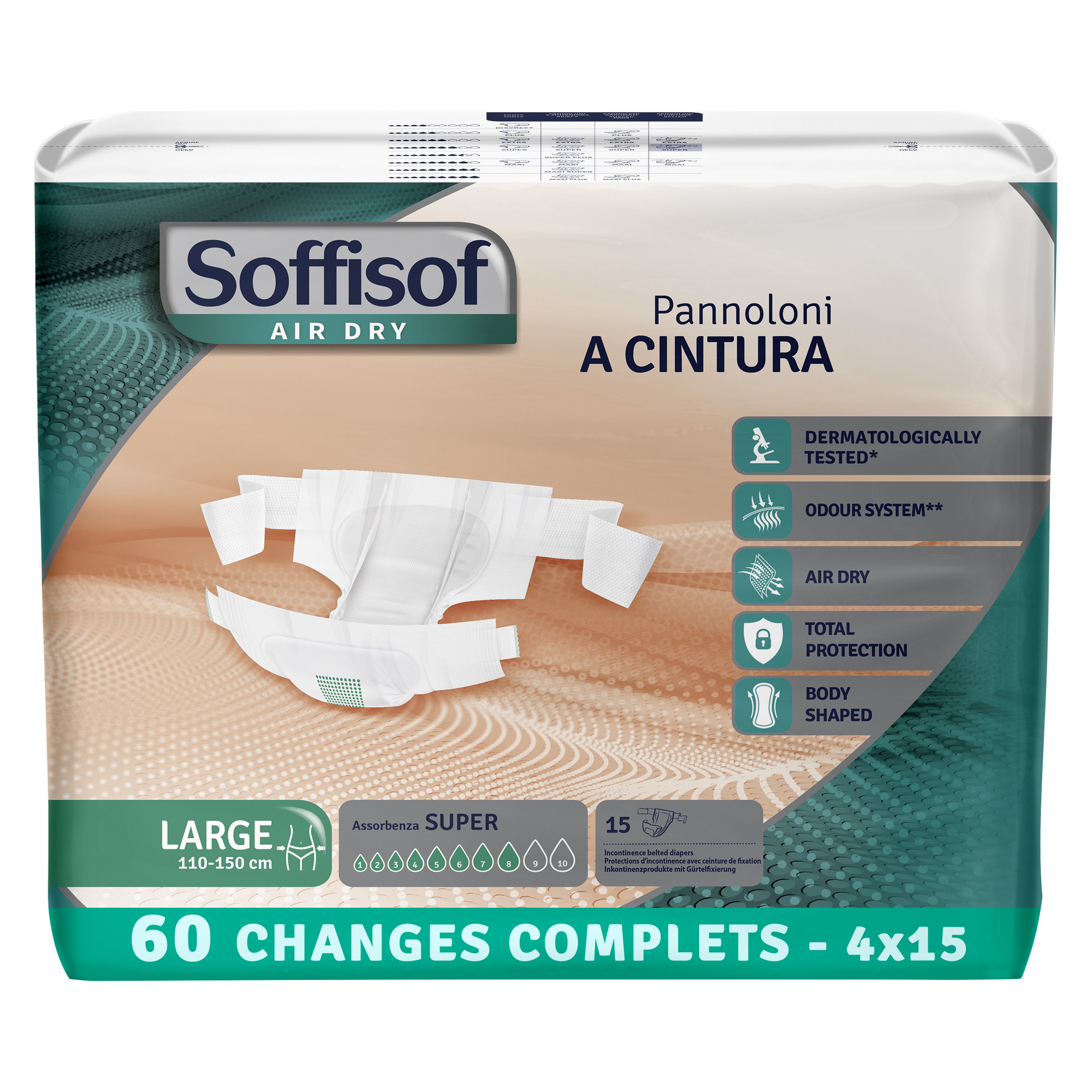 Paquet de protections avec ceinture. Soffisof. Taille Large, 110-150 cm. 60 unités.