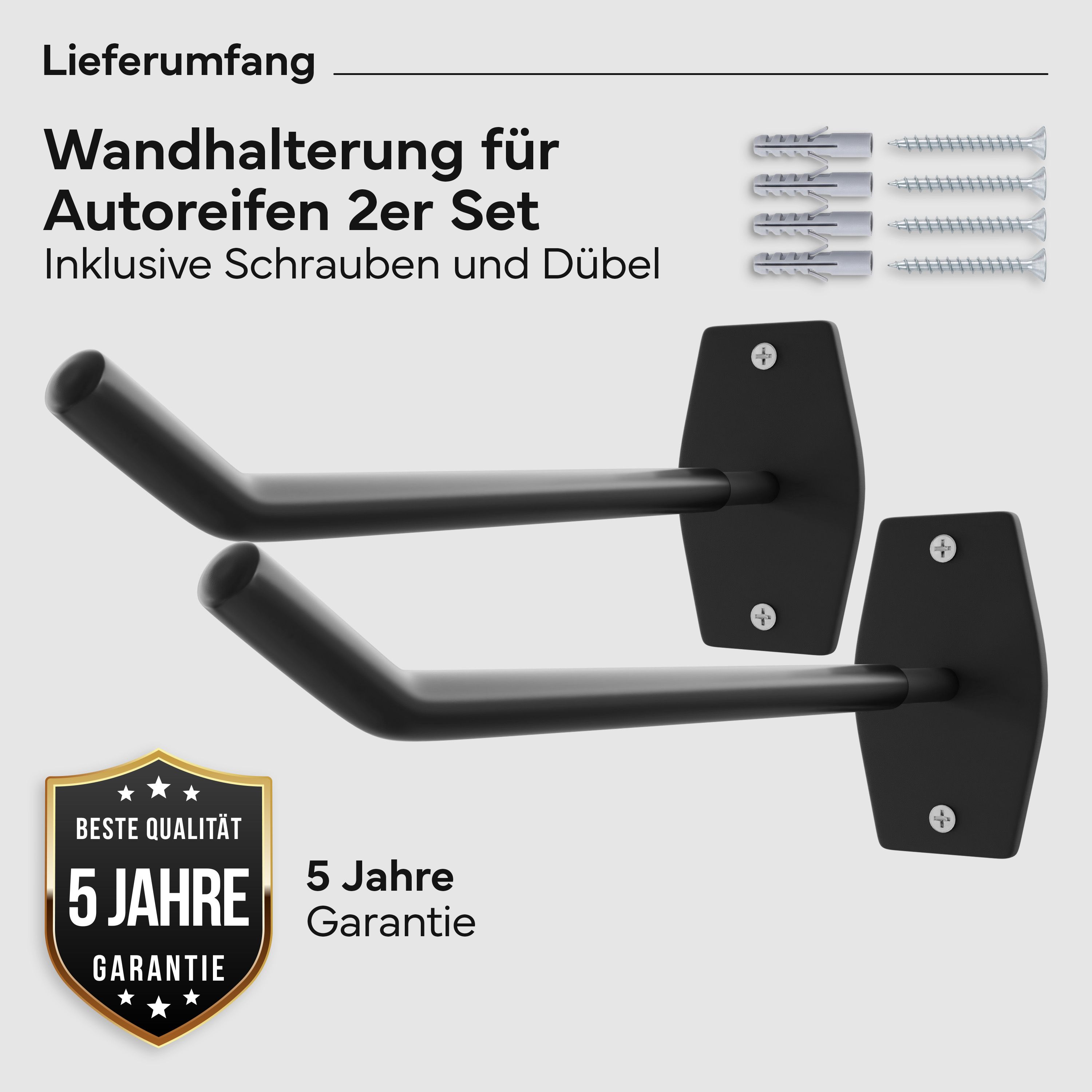 Zwei schwarze Wandhalterungen für Autoreifen, inklusive Schrauben und Dübel. 5 Jahre Garantie.
