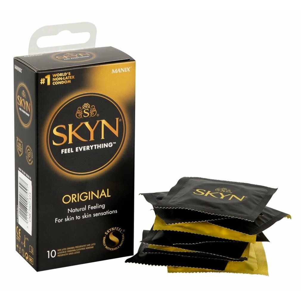 Schwarze Schachtel mit Kondomen. Aufschrift: SKYN, ORIGINAL, 10 Stück. Mit Logo und Text: World's Non-Latex Condom.