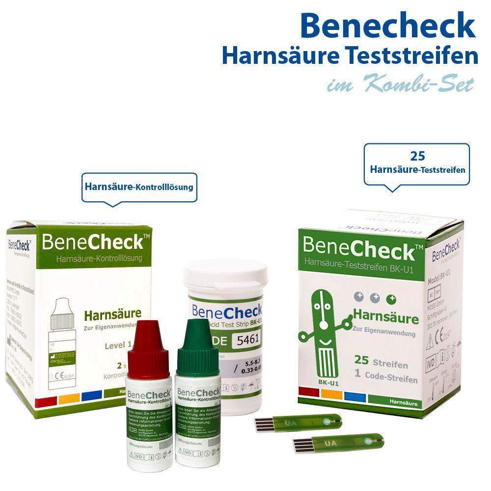 BeneCheck-Teststreifen und Kontrolllösung. Verpackungen, Flaschen und Teststreifen. Beschriftung: Harnsäure, Kombi-Set.