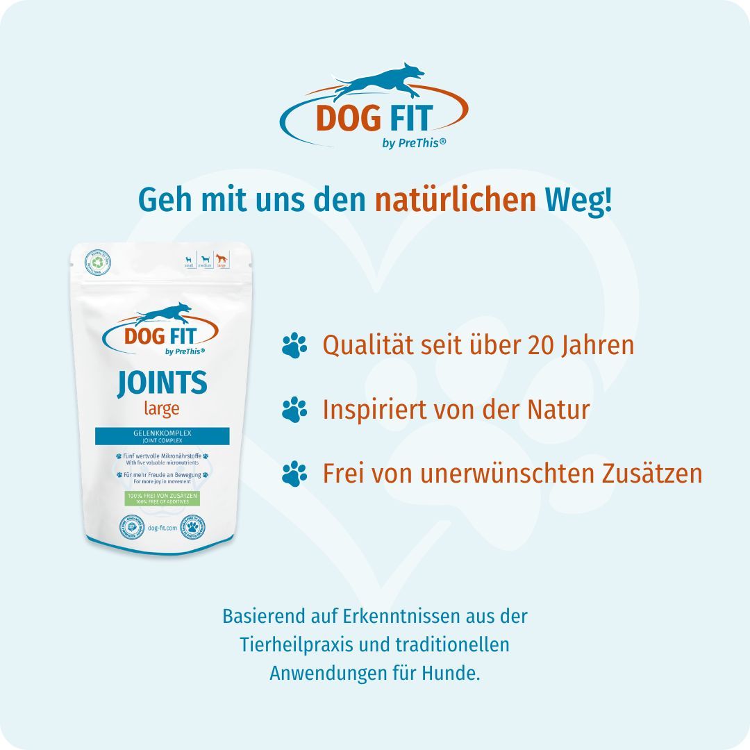 Beutel DOG FIT JOINTS large. Text: Qualität seit über 20 Jahren, Inspiriert von der Natur, Frei von unerwünschten Zusätzen.