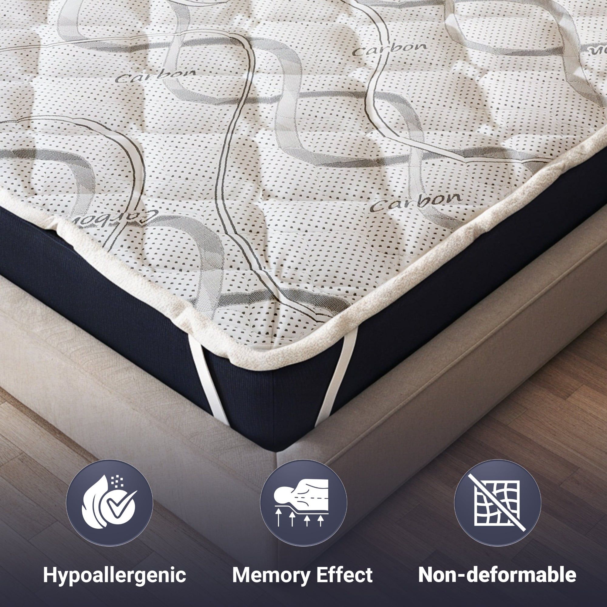 Topper mit Symbolen "Hypoallergenic", "Memory Effect", "Non-deformable".
