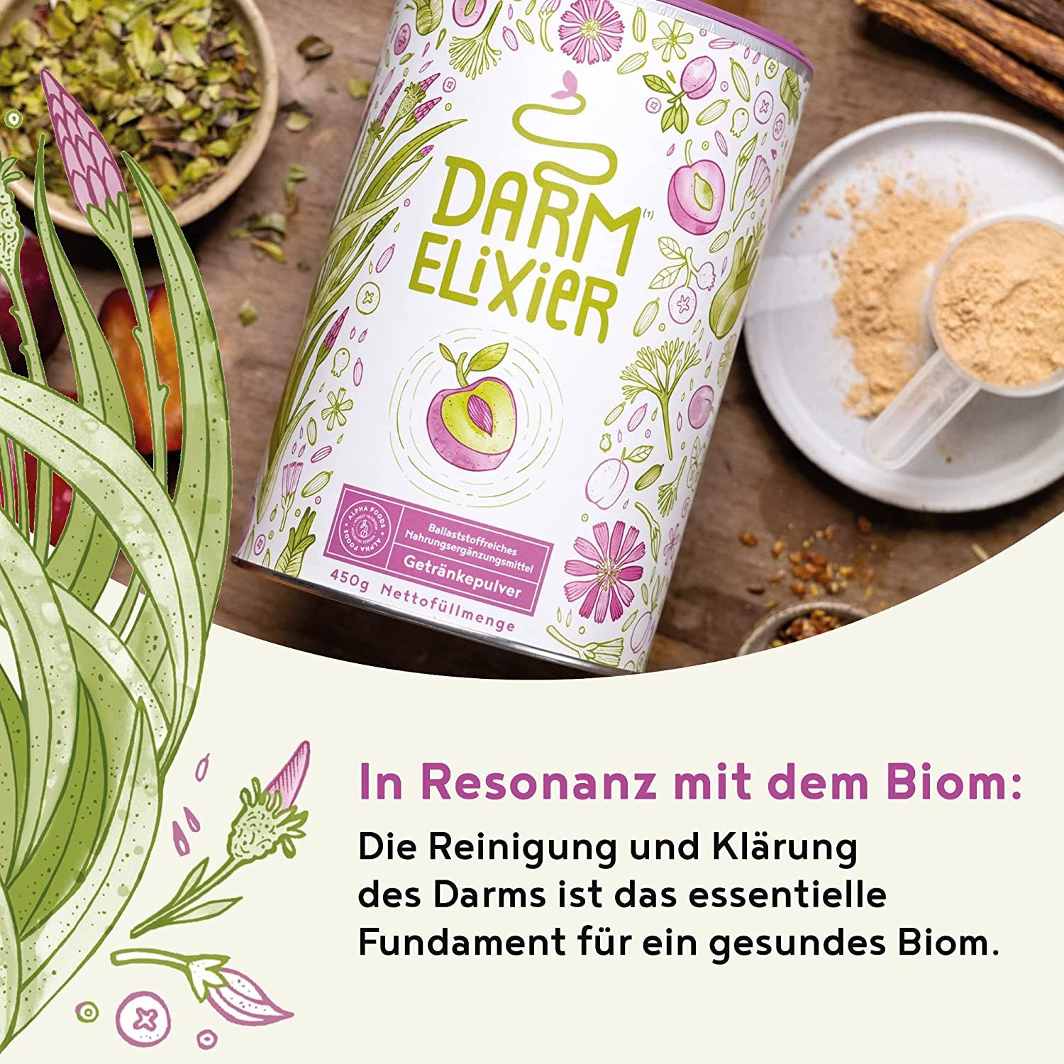 Barattolo Darm-Elixier con cucchiaio. Testo: In risonanza con il bioma. Ingredienti e informazioni.