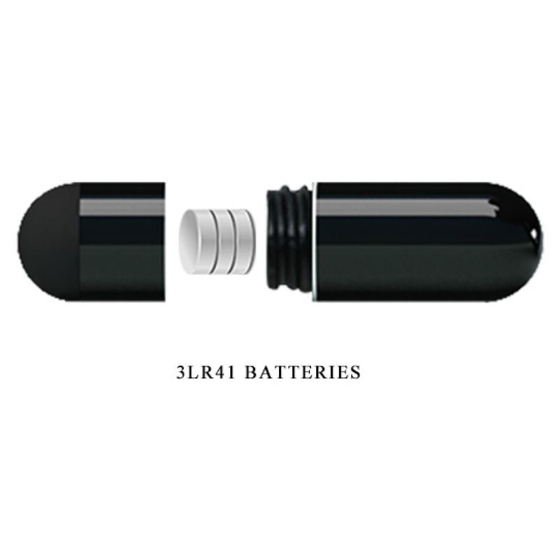 Schwarzes, zylindrisches Produkt, geöffnet, mit Batterien. Aufschrift: 3LR41 BATTERIES.