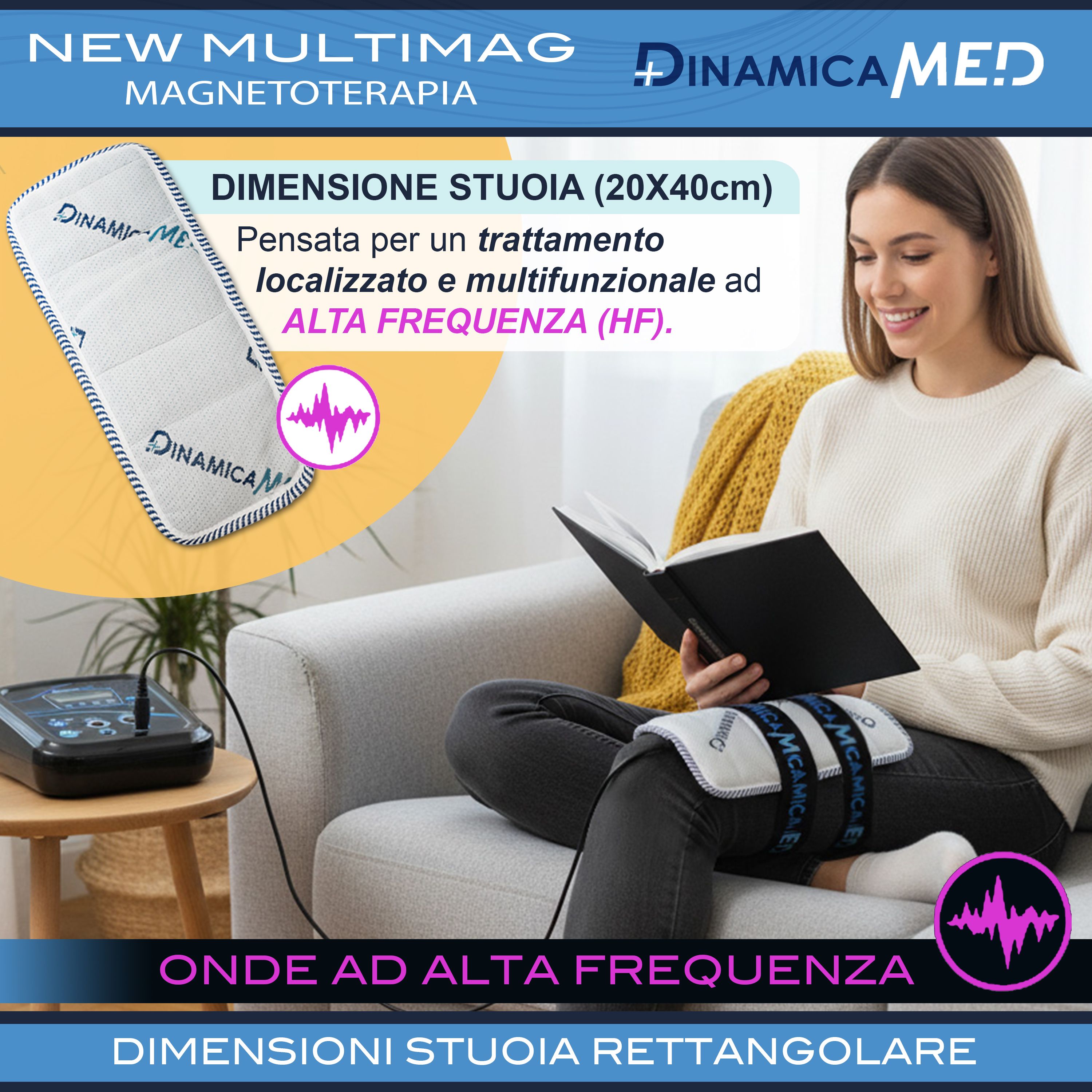 Frau nutzt Magnetfeldtherapiegerät mit Stoffdiffusor am Knie, 20x40cm.