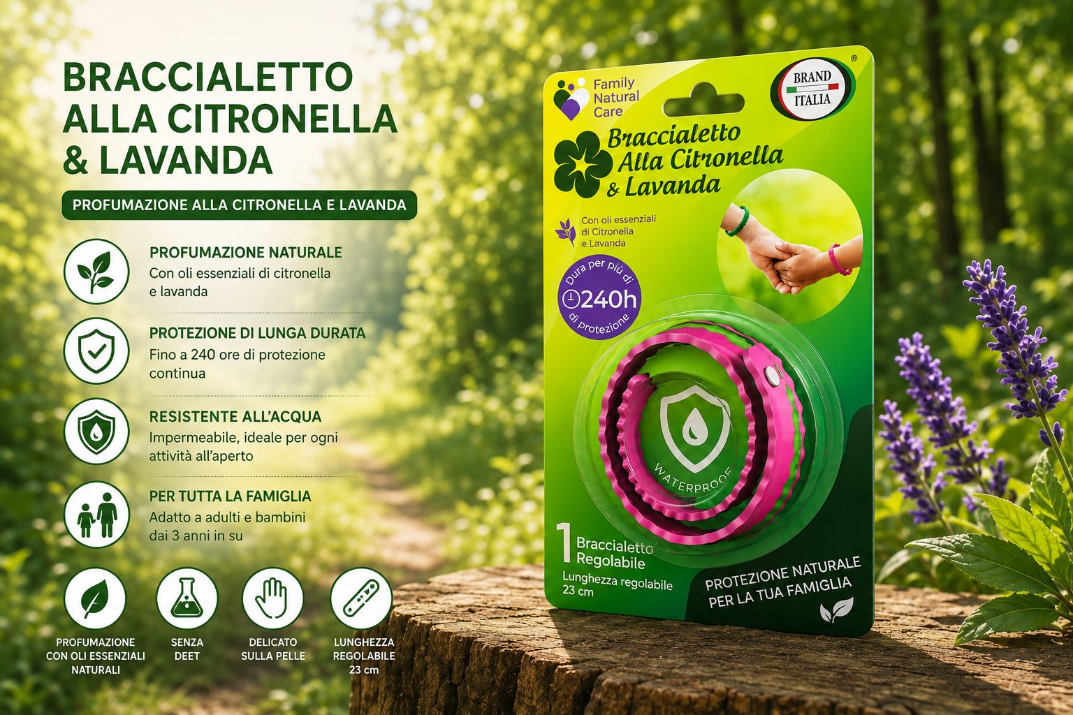 Verpackung für ein Armband mit Citronella und Lavendel, 240h Schutz, wasserdicht.