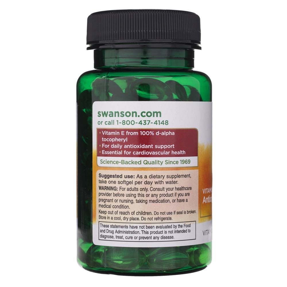 Rückseite der Flasche mit Anwendungshinweisen und Warnungen für Swanson Vitamin E.