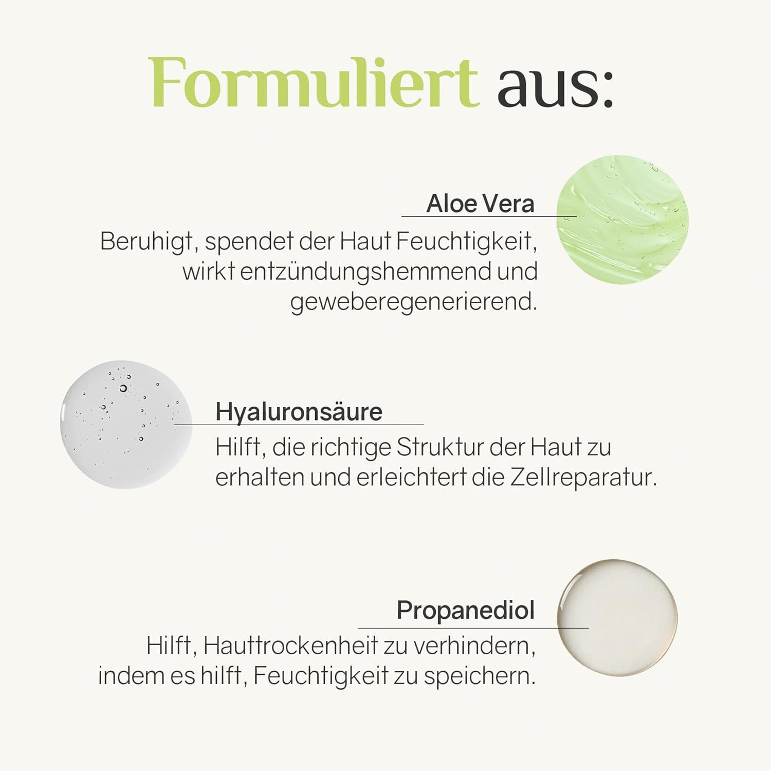 Drei Kreise mit Text: Aloe Vera, Hyaluronsäure, Propandiol. Beschreibungen der Inhaltsstoffe.