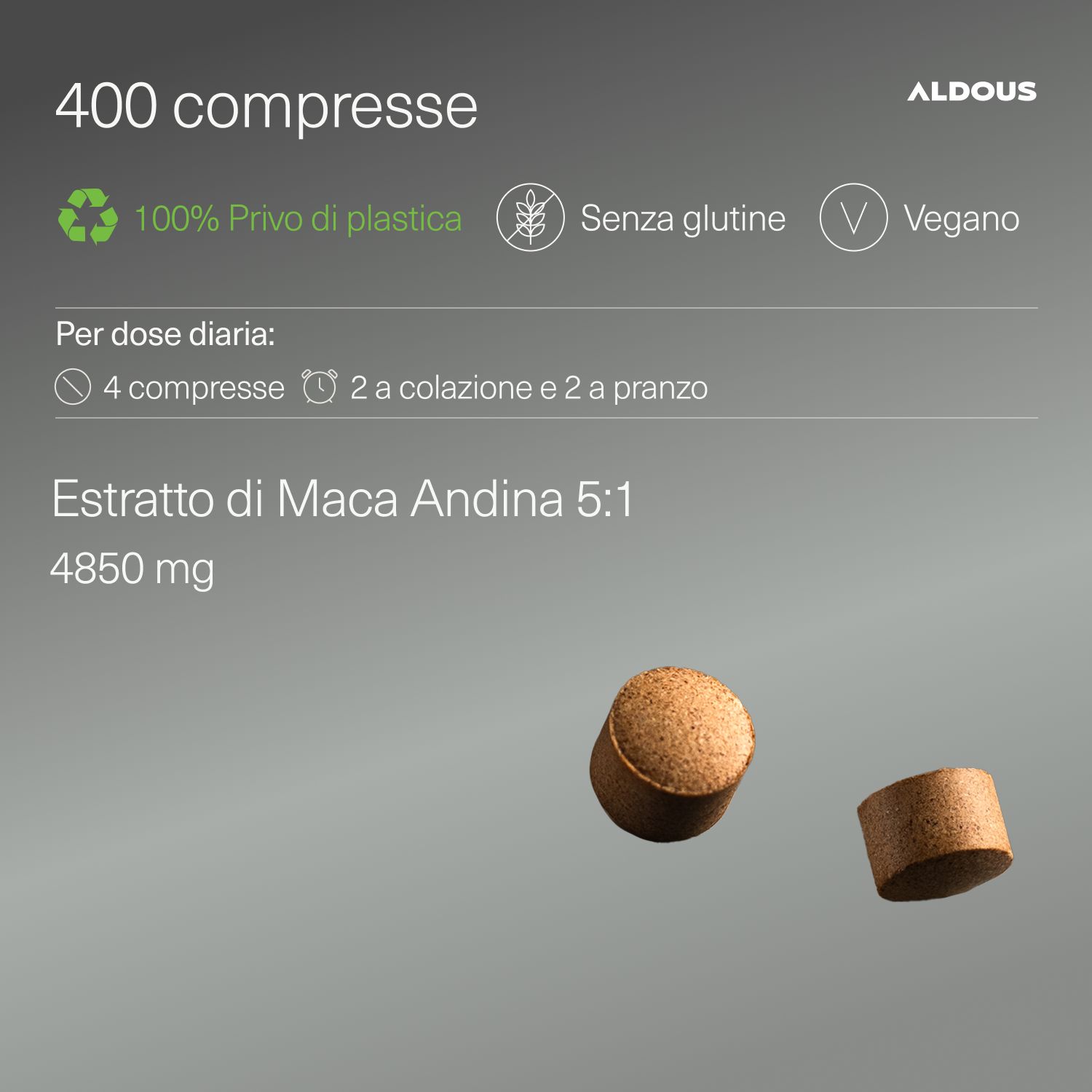Aldous Bio Maca: 400 Tabletten, plastikfrei, glutenfrei, vegan.