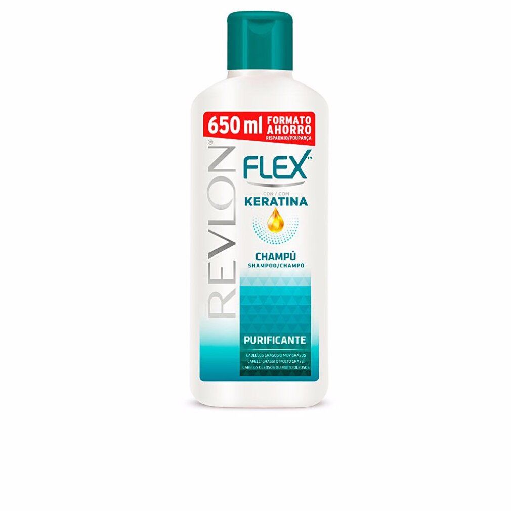 Weiße Shampoo-Flasche mit grünem Deckel. Aufschrift: Revlon Flex Keratina Champú.  650 ml.  Für fettiges Haar.  Reinigung.