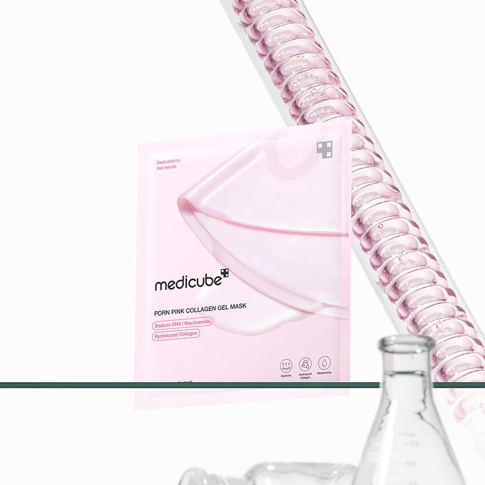 Verpackung der Medicube PORN PINK COLLAGEN GEL MASK mit sichtbaren Inhaltsstoffen wie Hydrolyzed Collagen.