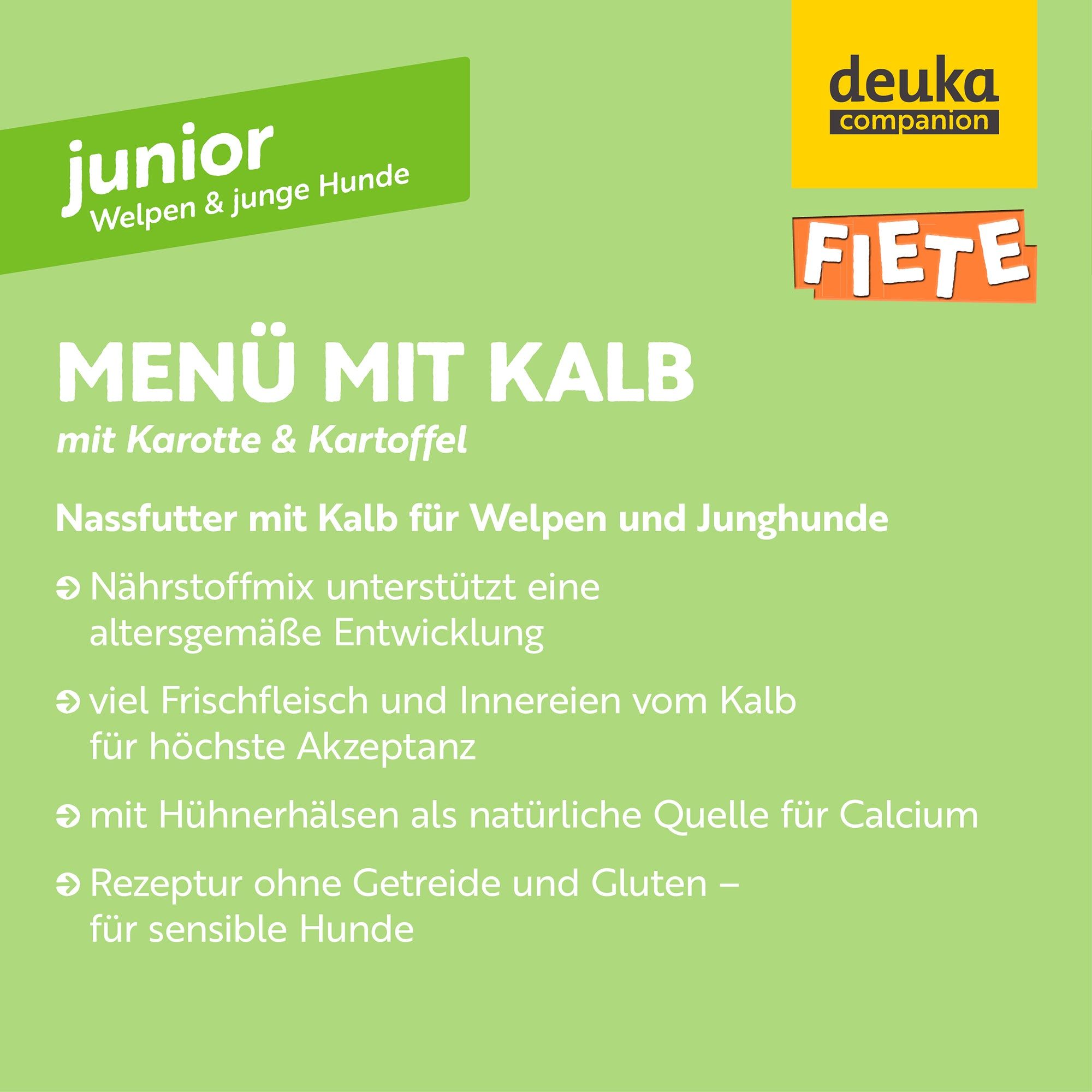 Text auf grünem Hintergrund: 'MENÜ MIT KALB' mit Karotte & Kartoffel. Informationen zu Inhaltsstoffen und Vorteilen.
