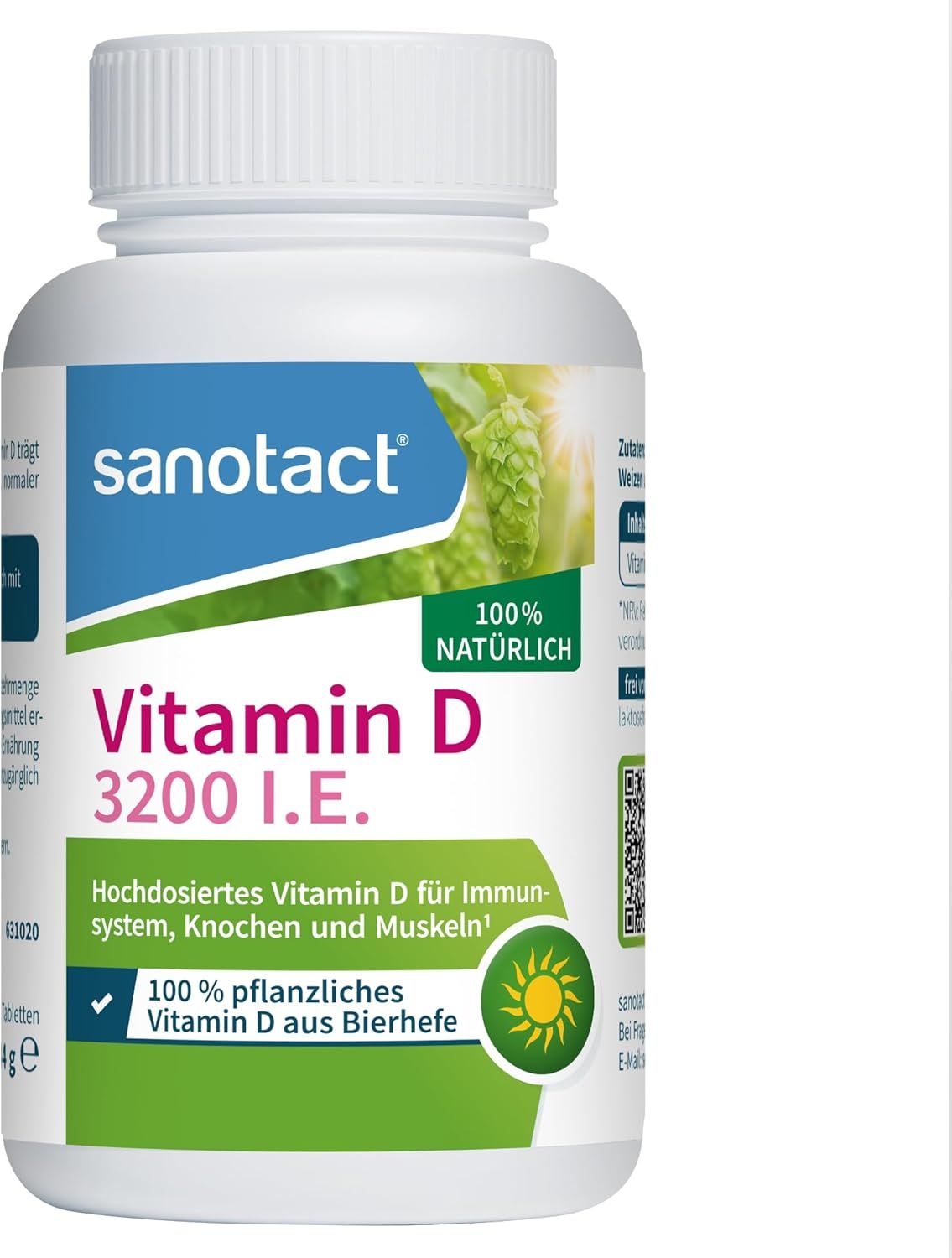 Flasche Vitamin D 3200 I.E. von sanotact. Aufschrift: 100% natürlich. Hochdosiertes Vitamin D. Vegan-Siegel. Weiße Flasche.