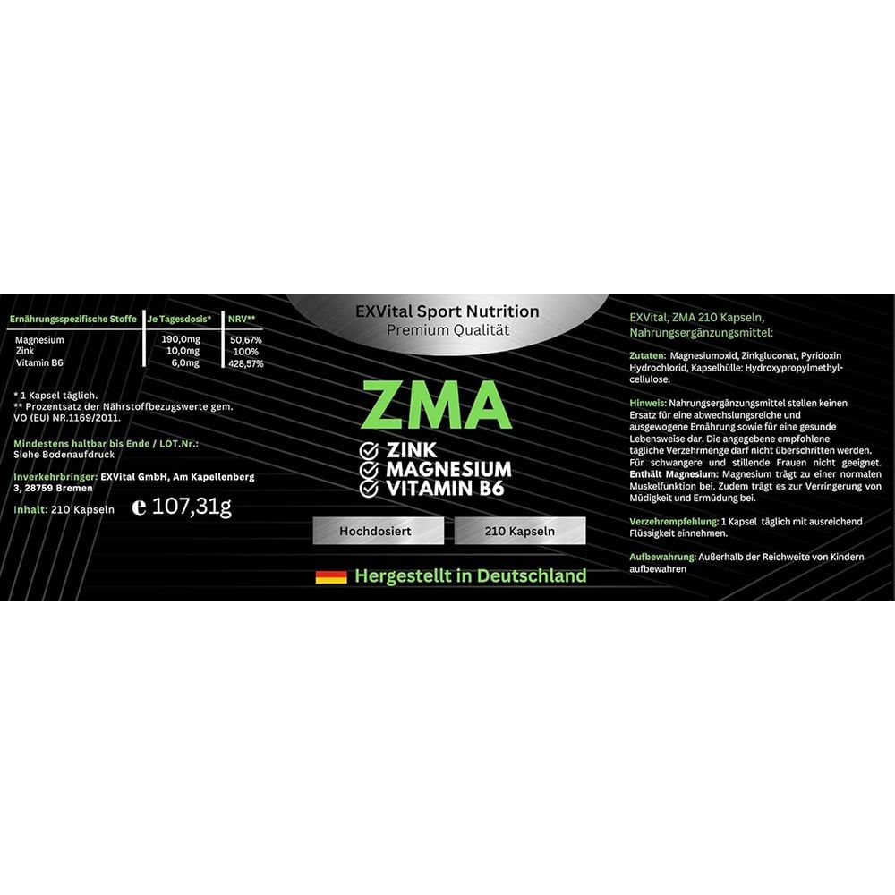 Produktinformationen und Nährwerttabelle für ZMA-Kapseln. Aufschrift: Zink, Magnesium, Vitamin B6. 210 Kapseln. Hergestellt in Deutschland.