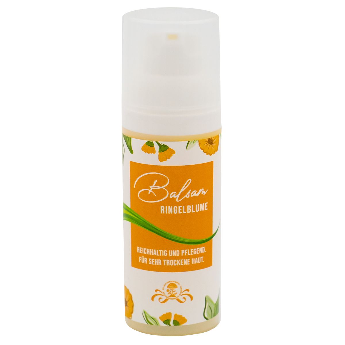 Balsam-Flasche mit Ringelblumen-Etikett. Weißer Spenderkopf, orangefarbenes Etikett mit floralen Elementen und Text.