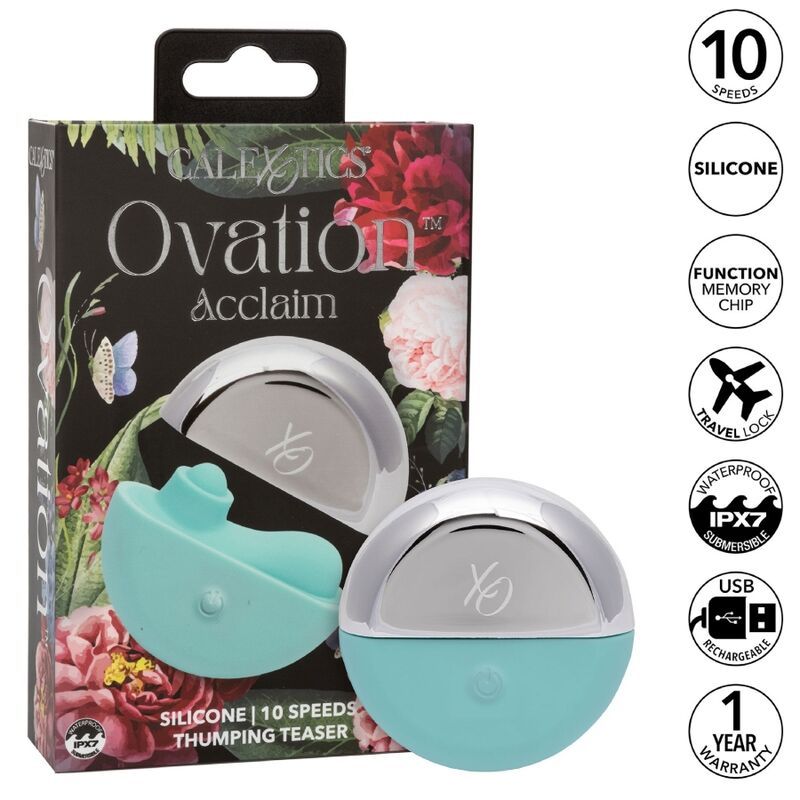 Produkt in Verpackung. Türkis-silberfarbenes Gerät, floral bedruckte Box mit Produktnamen. Logos: Calexotics, Ovation, Acclaim. Merkmale: 10 Geschwindigkeiten, Silikon, wasserdicht.