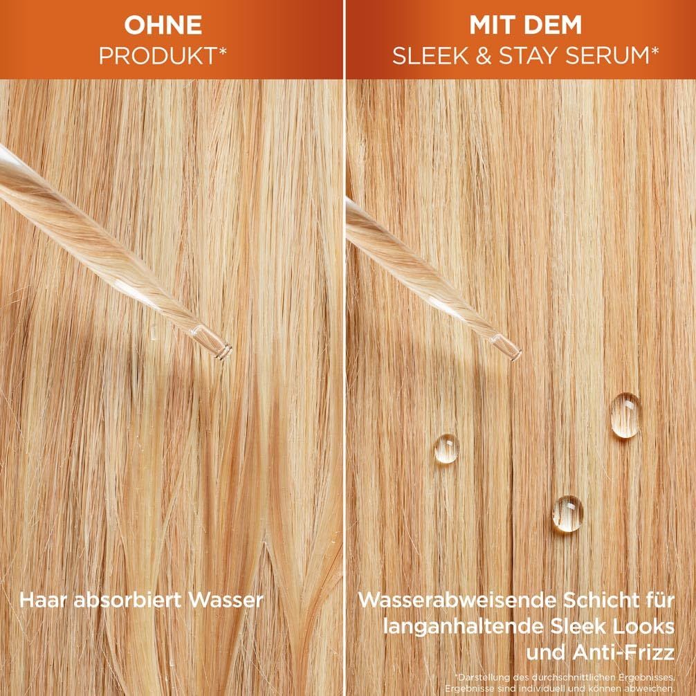 Haarsträhnen mit und ohne Serum. Links: Haar absorbiert Wasser. Rechts: Wasserabweisende Schicht für Sleek Looks und Anti-Frizz.