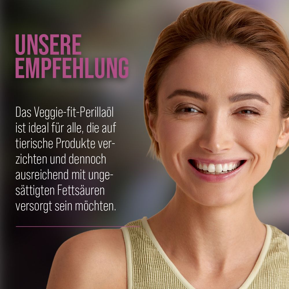 Porträt einer lächelnden Frau. Text: Unsere Empfehlung. Veggie-fit Perillaöl.