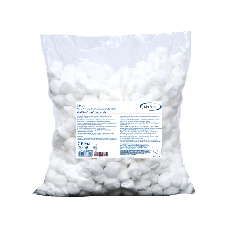 Beutel mit Wattepads. Aufschrift: MaiMed-MT, non sterile. Größe: 20 x 20 cm. Verpackung mit Produktinformationen und CE-Kennzeichnung.