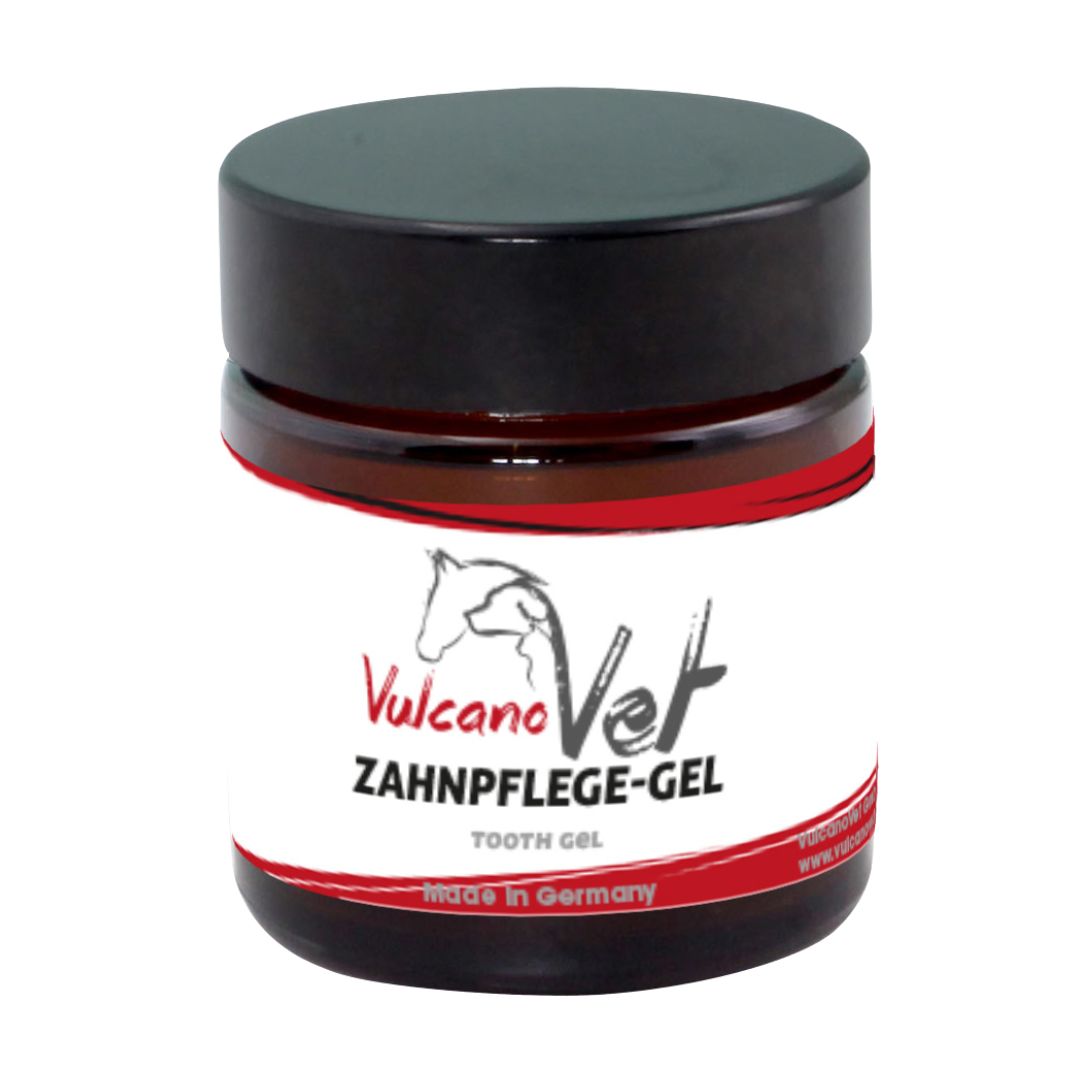 Braune Glasdose mit schwarzem Deckel. Aufkleber mit Logo und Schriftzug: VulcanoVet Zahnpflege-Gel. Made in Germany.