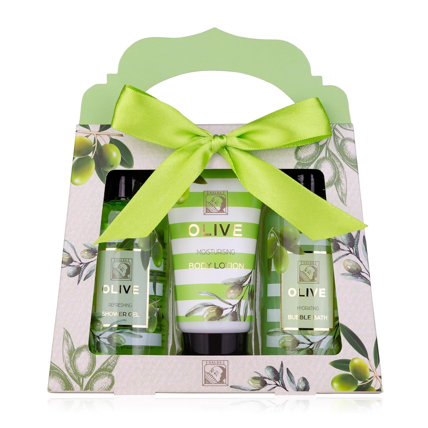 Geschenkset mit Oliven-Motiv. Enthält Duschgel, Schaumbad und Bodylotion. Verpackt in einer grünen Geschenkbox mit Schleife.