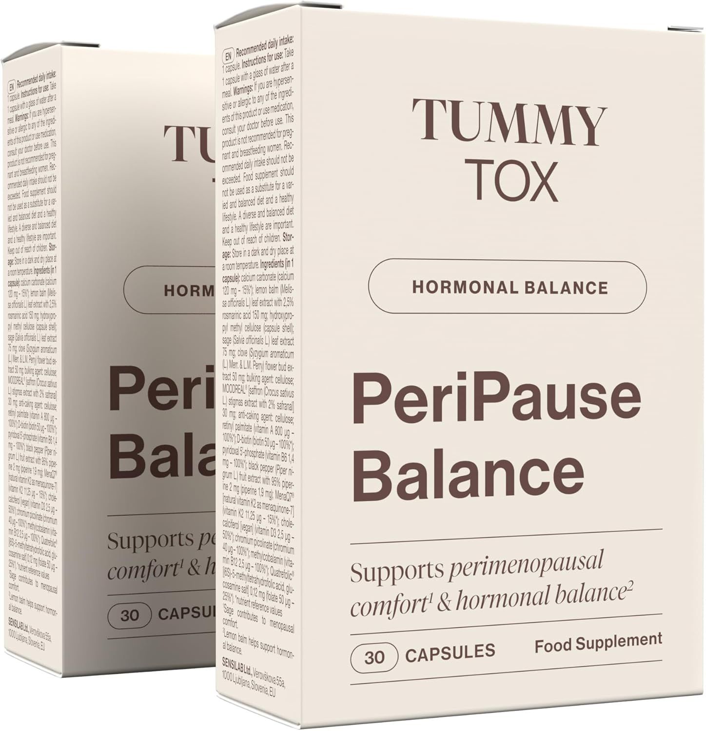 Zwei weiße Kartons mit "Tummy Tox PeriPause Balance"-Aufdruck. 30 Kapseln. Hormonal Balance. Text auf Deutsch.