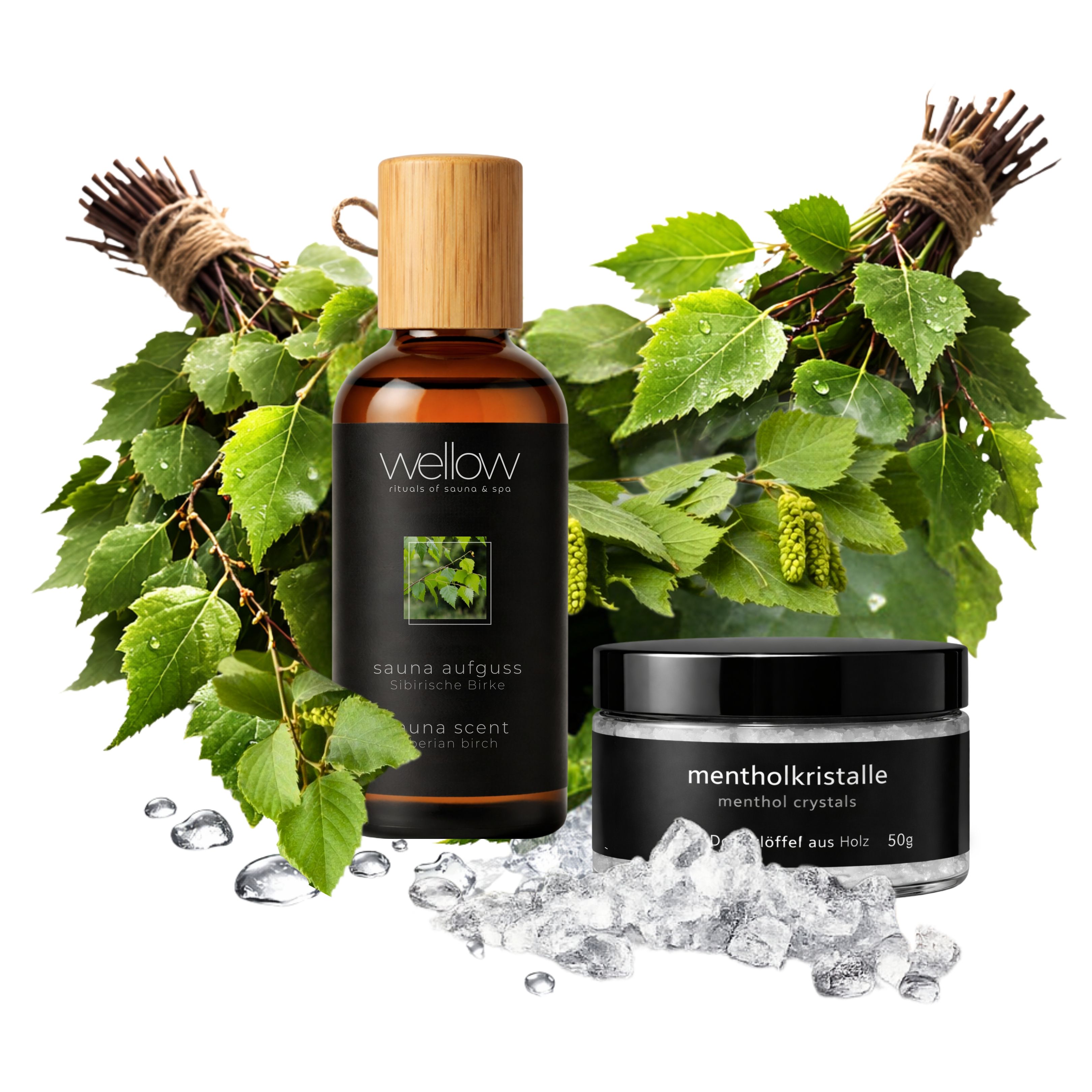 Braune Flasche, Tiegel, Birkenzweige, Mentholkristalle. Schwarze Etiketten. Produktpräsentation.