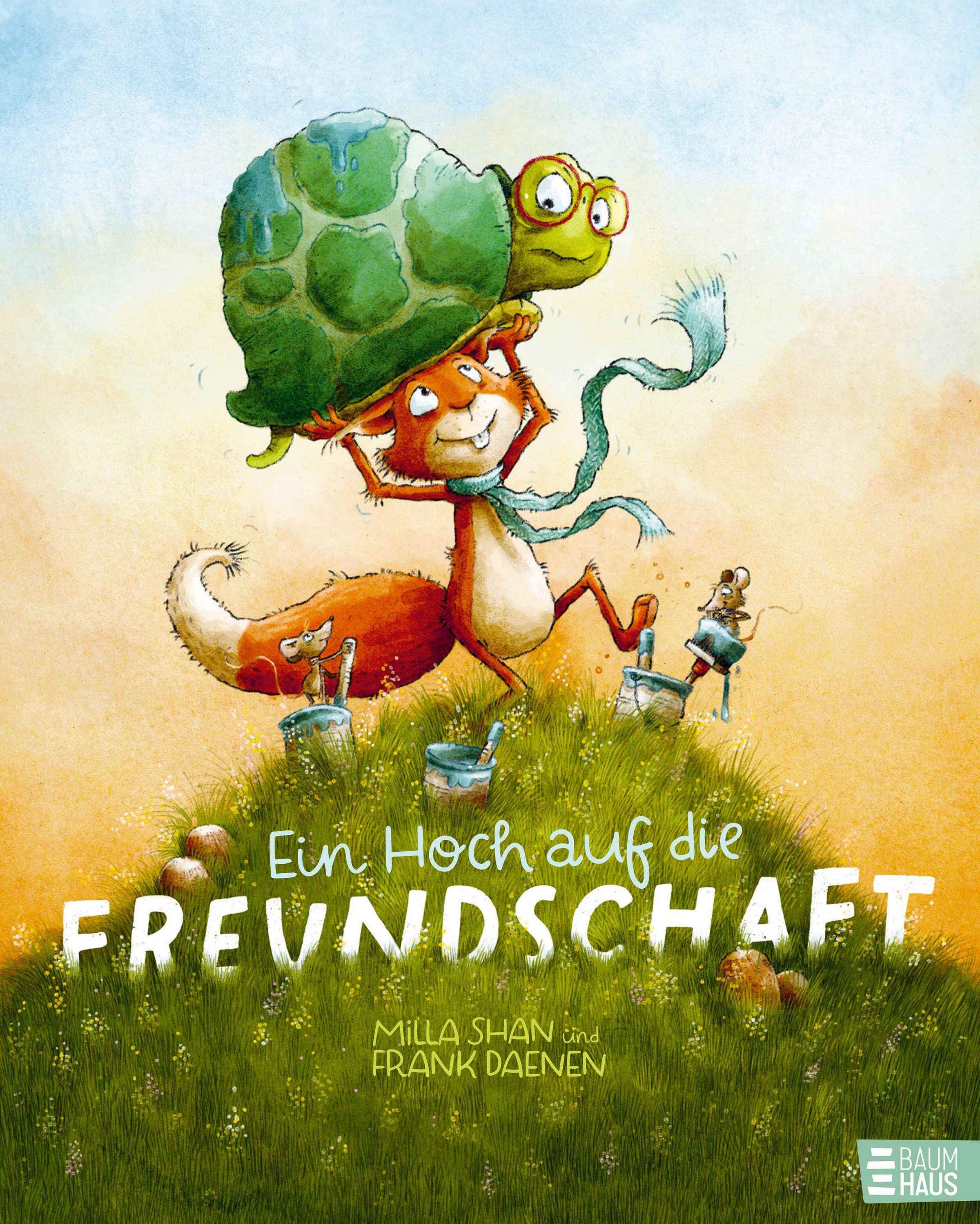 Buchcover mit Illustration. Ein Eichhörnchen trägt eine Schildkröte. Titel: Ein Hoch auf die Freundschaft. Autoren: Milla Shan und Frank Daenen.