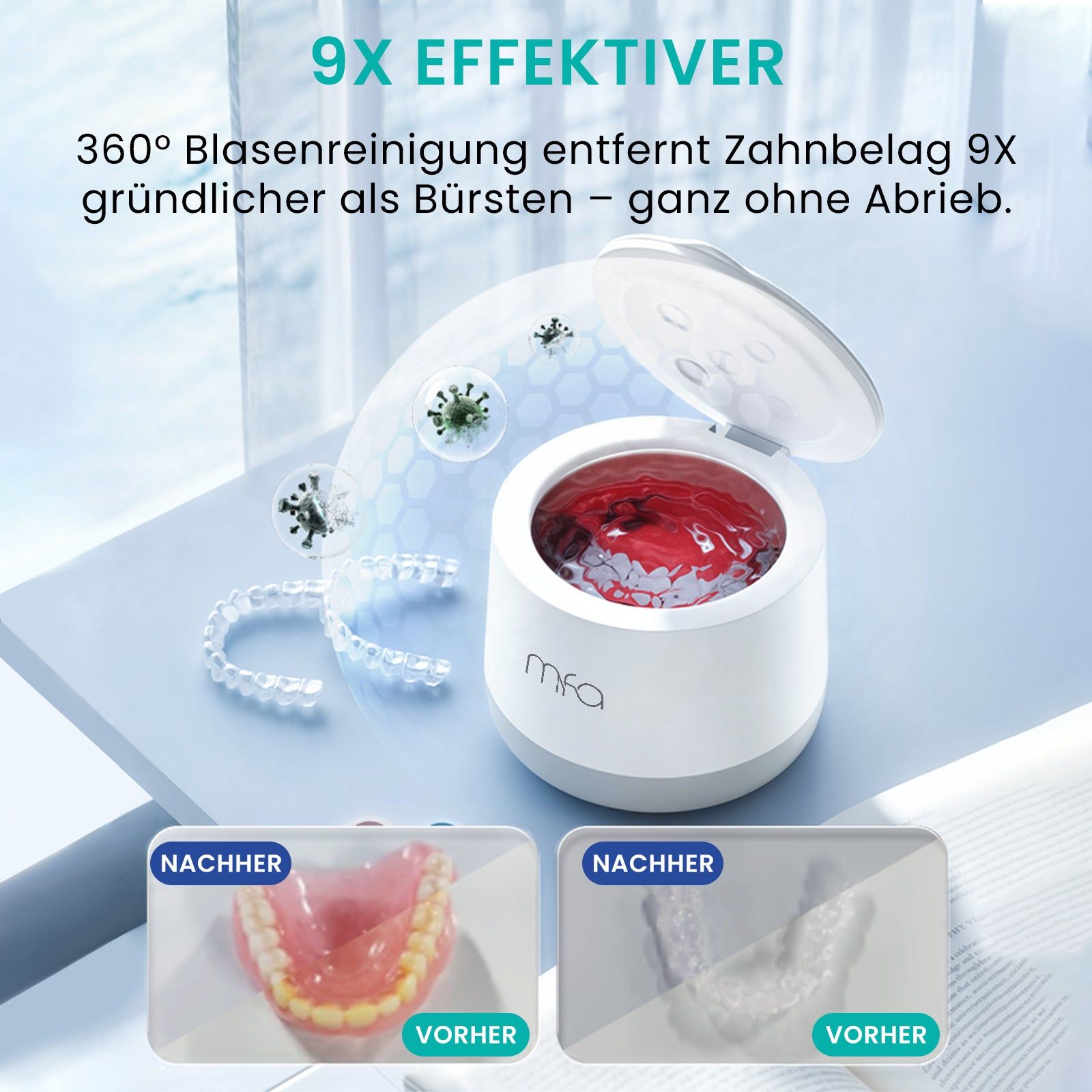 Ultraschallreiniger mit geöffnetem Deckel. Innenraum mit roter Flüssigkeit. Daneben: Zahnspange. Text: 9x effektiver. Logo 'mfa'.