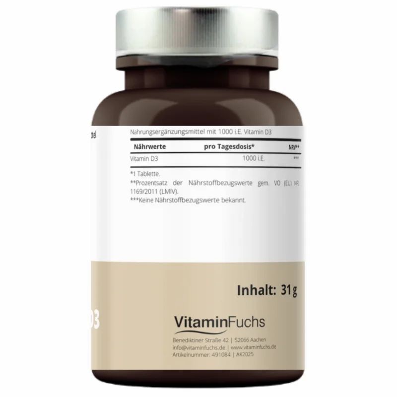 Rückseite der Vitamin D3 Flasche. Weißes Etikett mit Nährwertangaben, Inhaltsangabe und Logo Vitamin Fuchs.