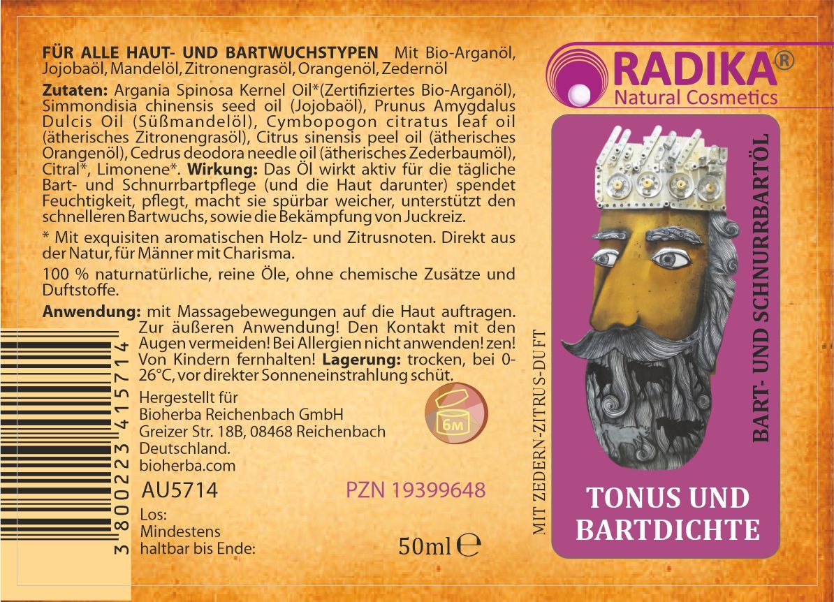 Etikett mit Text und Illustration. RADIKA Natural Cosmetics. Bart- und Schnurrbartöl Tonus und Bartdichte. 50ml.