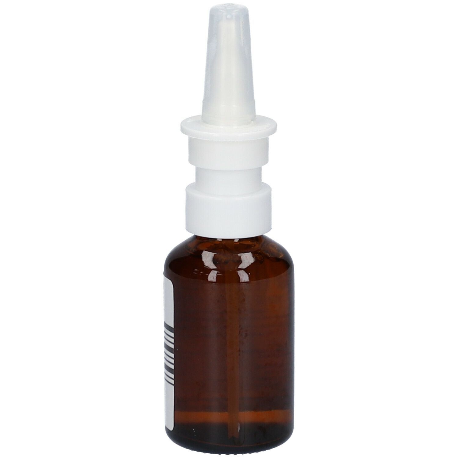 Flacone di vetro marrone con applicatore nasale. Etichetta con testo. Marchio CE.