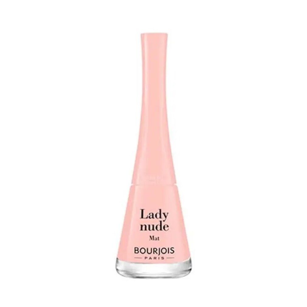 Nagellackflasche, rosa, mit Aufschrift Lady Nude Mat und Bourjois. Glasflasche mit rosa Deckel.